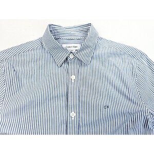 Calvin Klein XS Men's Blue White Stripe Embroidered Chest Logo Long Sleeve Shirt